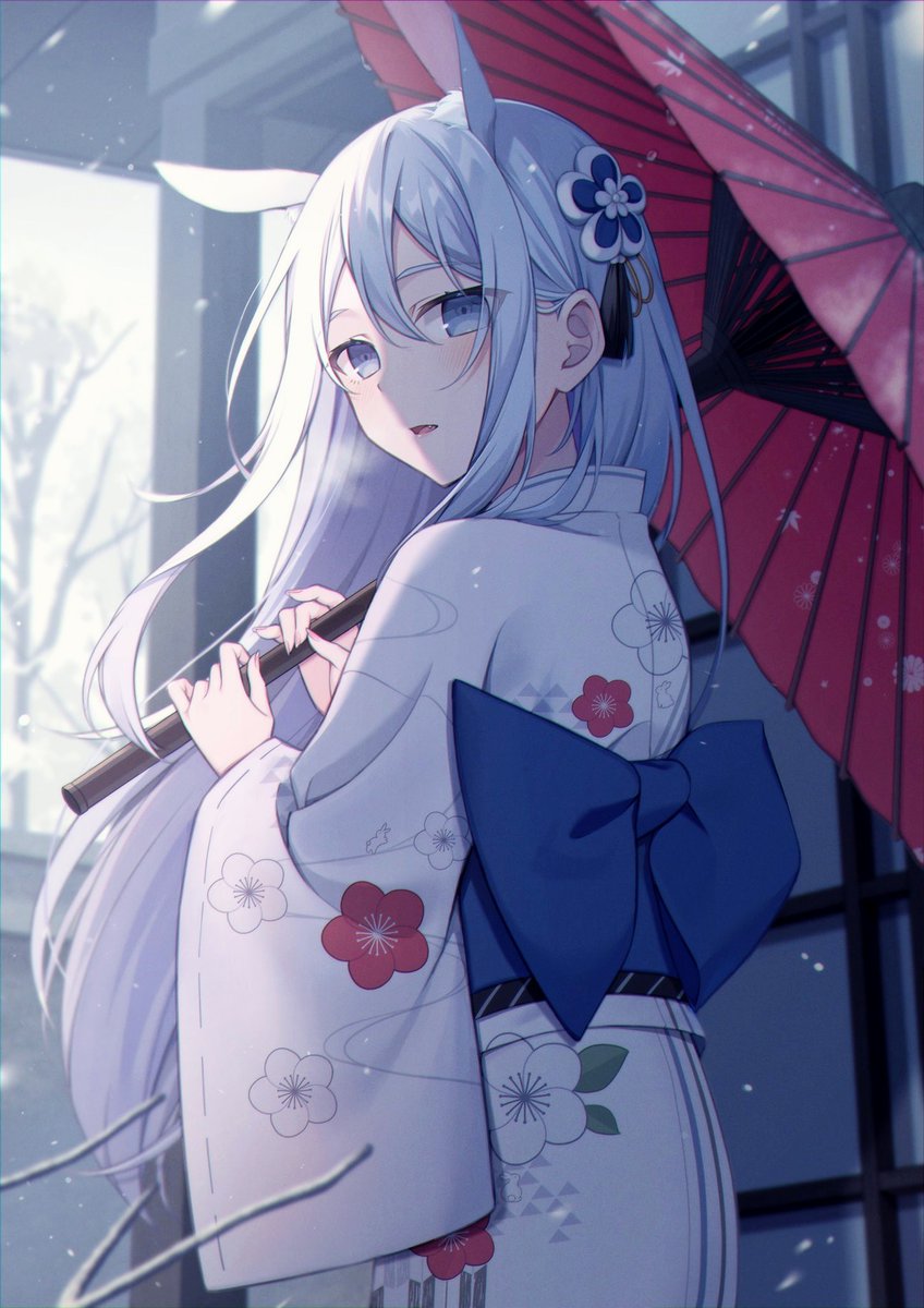 1girl umbrella solo japanese clothes animal ears kimono long hair  illustration images