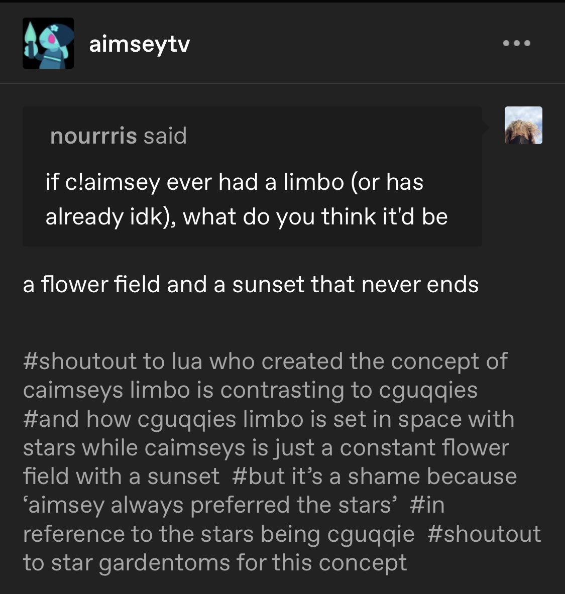 dsmploreupdates's tweet photo. Aimsey answered a question about c!Aimsey’s limbo on Tumblr https://t.co/TtdFHoe5S5