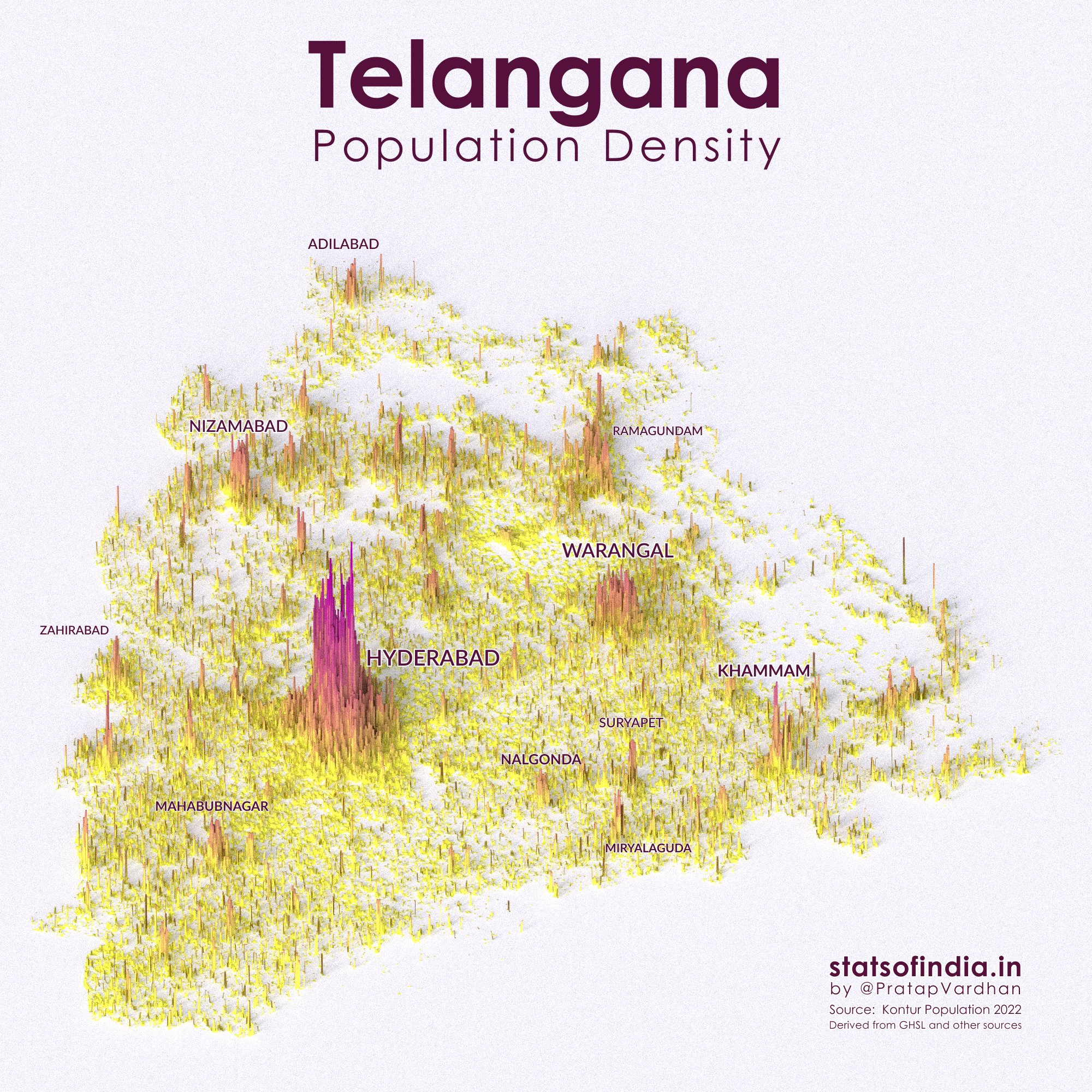 Stats of India on Twitter "Population density map of Telangana, India