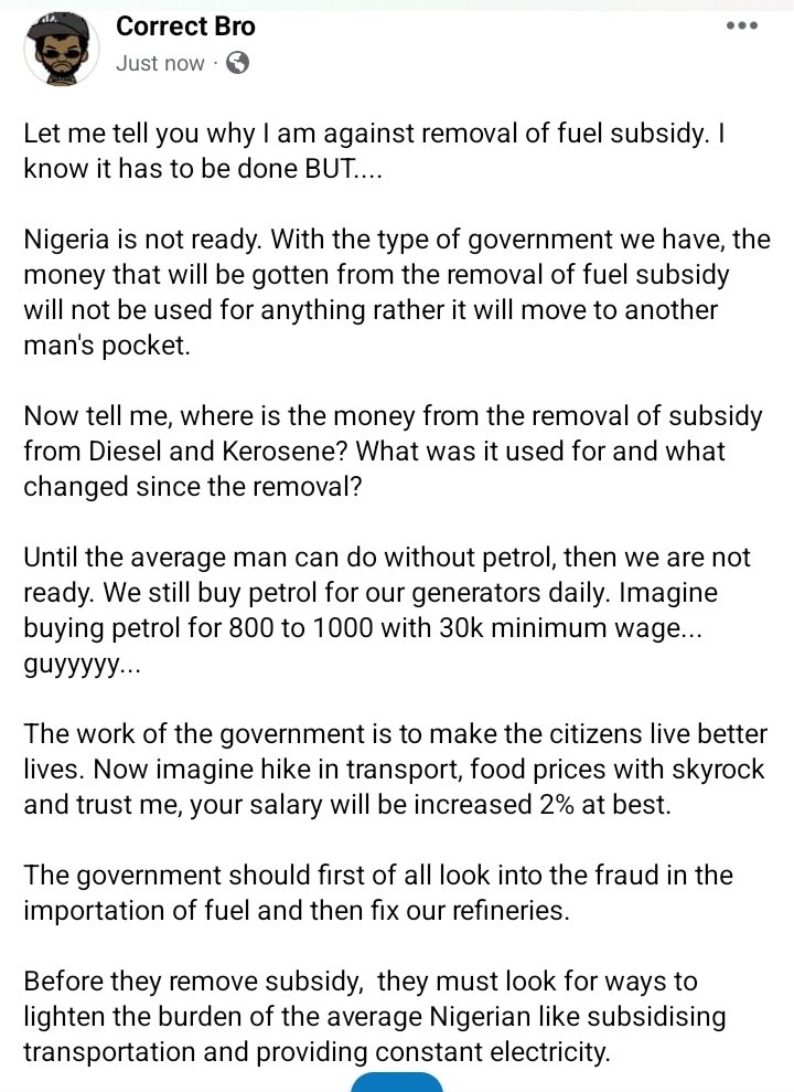 iamcorrectbro's tweet photo. My take on removal of fuel subsidy.
#PeterObi4President2023
#correctbro https://t.co/gsPVP2Le4c