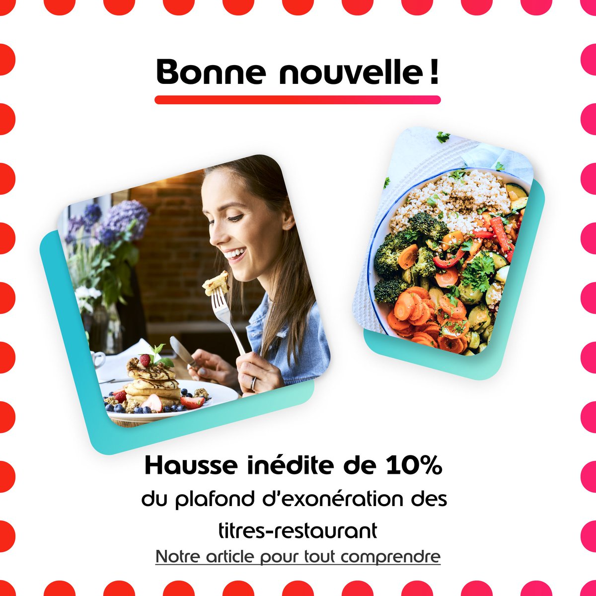 Bonne nouvelle, une nouvelle décision votée par le Parlement et le Gouvernement pour soutenir le pouvoir d’achat des collaborateurs ! 

Le plafond d'exonération des titres-restaurant a augmenté de 10 % au 1er janvier 2023 
#TicketRestaurant #fiscalité 

edenred.fr/magazine/votre…