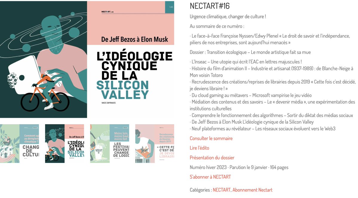 smykos's tweet photo. Très heureux de participer au nouveau numéro de la revue #Nectart sur le thème de la transition écologique. J'y publie un article sur l'idéologie cynique de la #SiliconValley, entre libéralisme bon teint, libértarianisme réactionnaire et philosophie long-termiste #GAFAM https://t.co/lXpGGVlujK
