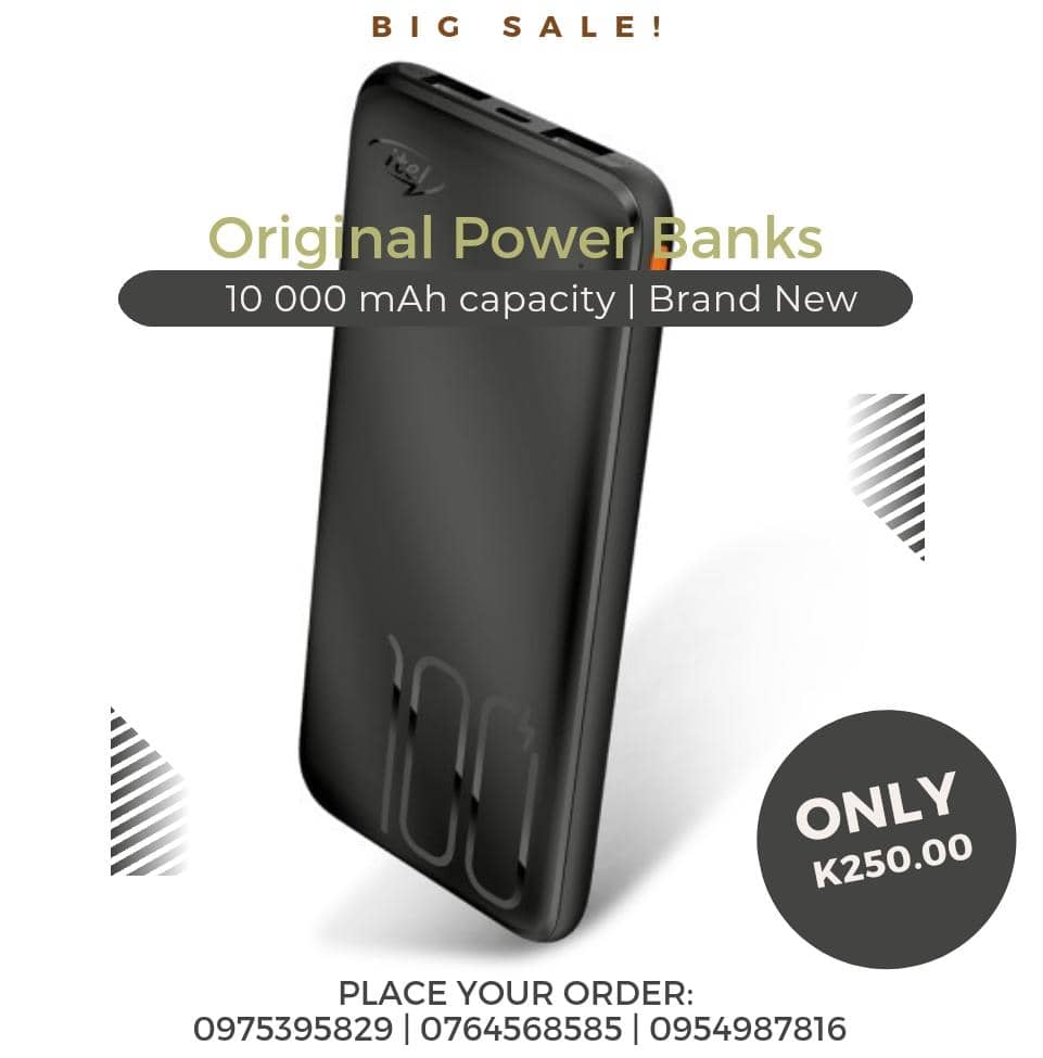 Original Power Banks Available

*Yango Delivery Around Lusaka* 

🔋Can Charge The Phone Twice 
📦 Brand New Boxed 
🔌Plus Charger 

💰 K250.00 ONLY

#LoadsheddingUpdates #Loadshedding #Solutions