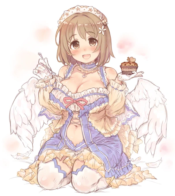 (絵)三村かな子ちゃん、誕生日だけどそんなに誕生日感の無い絵です!やっぱりメルティスイートだよね、と思ったのですがこの時期には寒そうだったので色々と付け足して行ったらただの天使になりました。あとおなかは元通り隠しませんでした。おめでとう!!! 