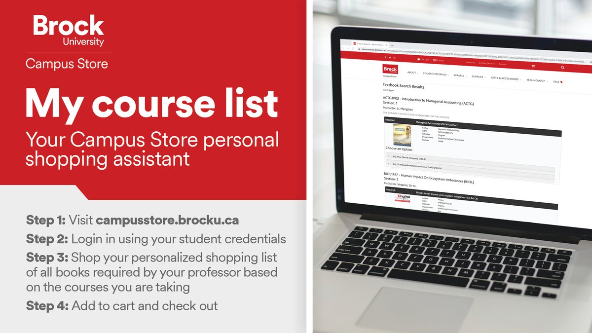 My Course List - Your Campus Store Personal Shopping Assistant 📚

My Course List is now available on Brightspace. Click My Course Materials on the Brightspace menu to shop course materials ordered by your Professors.

#BrockU #ShopBrock