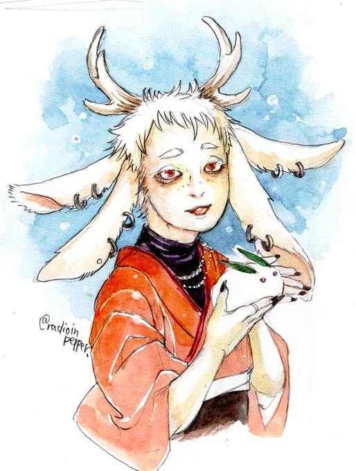 #人外版深夜の真剣お絵描き60分一本勝負前週のお題お借りしました!「アルビノ」「レプス・コルヌトゥス」正月らしくお着物で。 