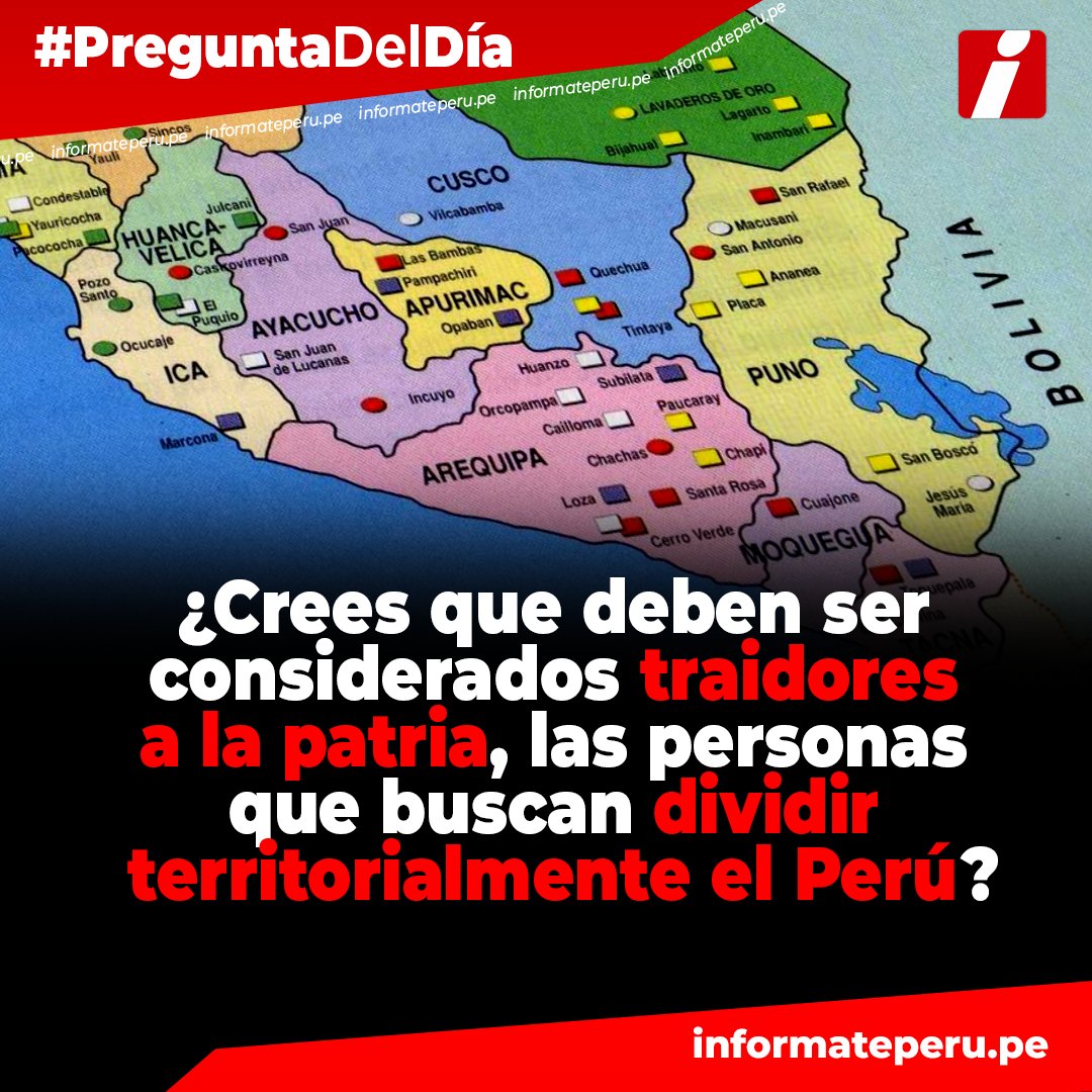 informateperu's tweet photo. 🔵🔴 #ENCUESTA ¡Participa! 🙋‍♀️🙋‍♂️ #PreguntaDelDía #Opinión ¿Crees que deben ser considerados traidores a la patria, las personas que buscan dividir territorialmente el Perú? https://t.co/HTAdhhGPOt