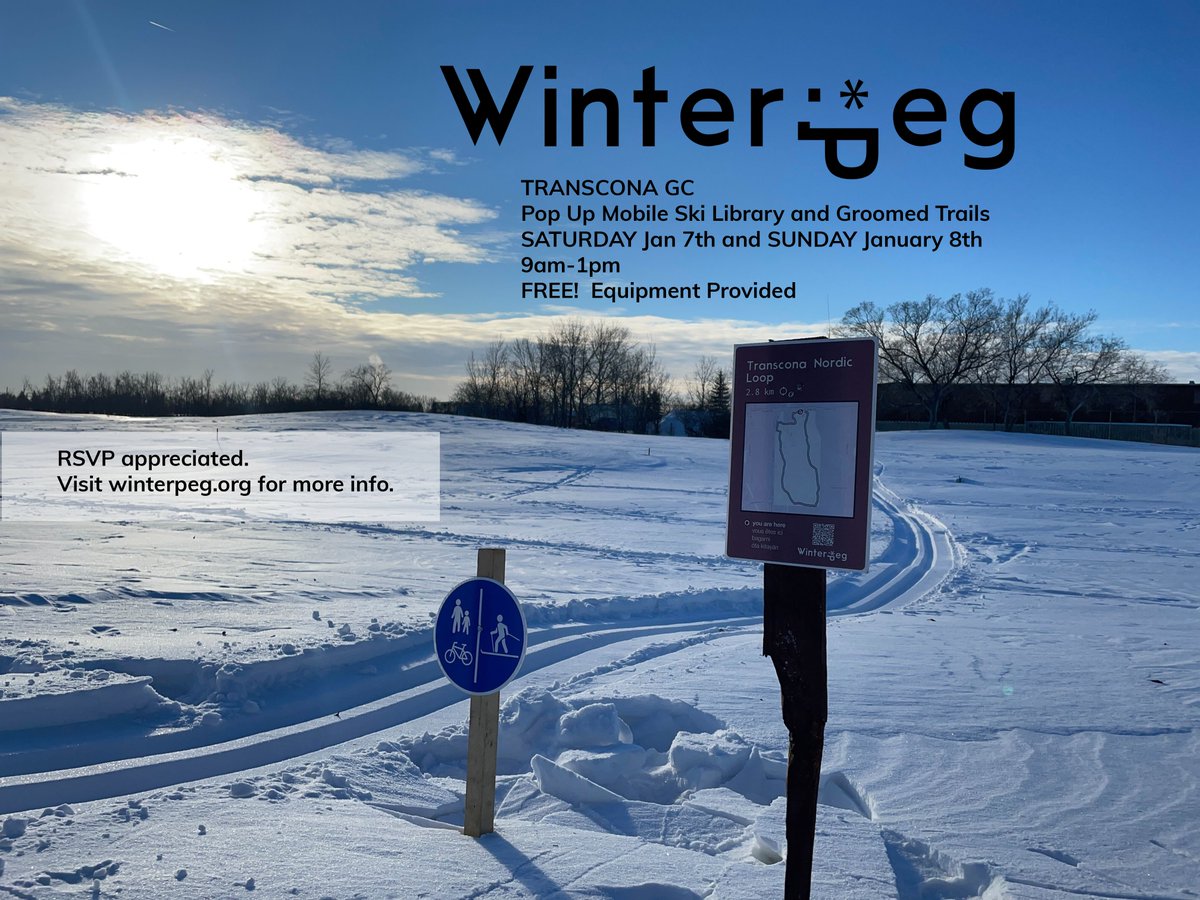 WinnipegTrails's tweet image. Pssssst. Whatchya' doin this weekend? 
Pop up mobile ski library @transconagolf. 
Come ski, free.
Equipment provided.
Drop in anytime. 9am - 1pm.
Golf club restaurant opens for breakfast at 8am.
RSVP appreciated. 
Watch winterpeg.org for full program launch. 
#Winterpeg