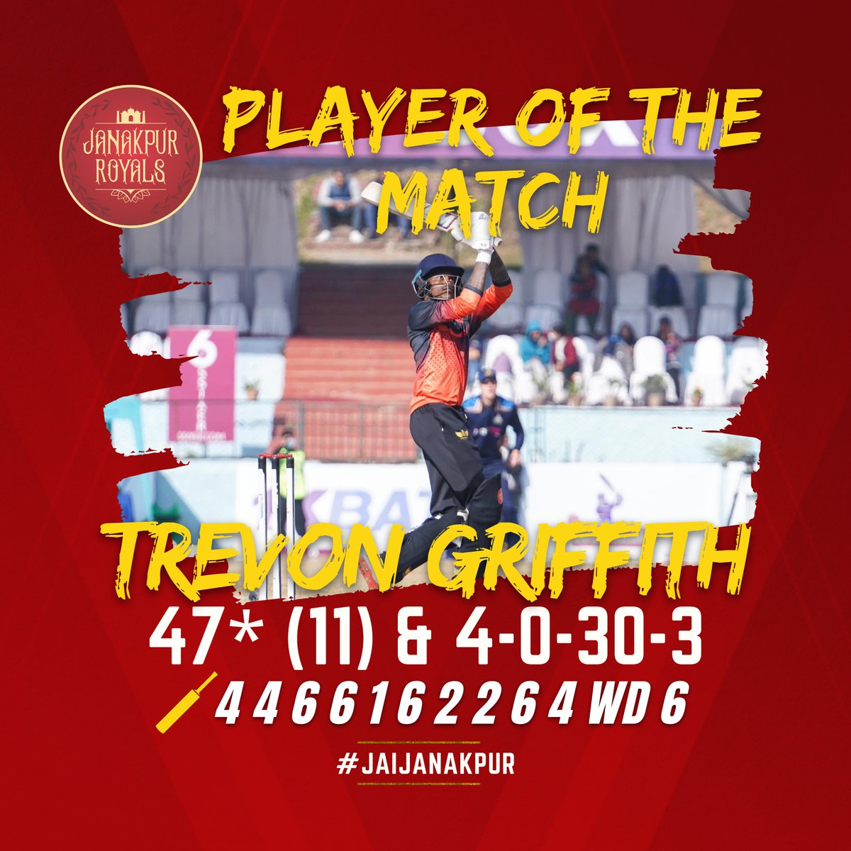🏏4 4 6 6 1 6 2 2 6 4 WD 6
🔴⚫️ Trevon Griffith 💪

#JanakpurRoyals #JaiJanakpur #NepalT20 #nepalt20league