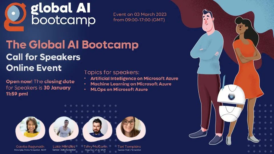 #AdvancingAnalytics needs you!
Don’t miss out on your chance to speak at #GlobalAIBootcamp.

🔥Hot topics are:
#AI on Azure
#ML on Azure
#MLOps on Azure

Please submit at buff.ly/3ifBfSy
⚠ Deadline 30th January

Looking forward to hearing from you!