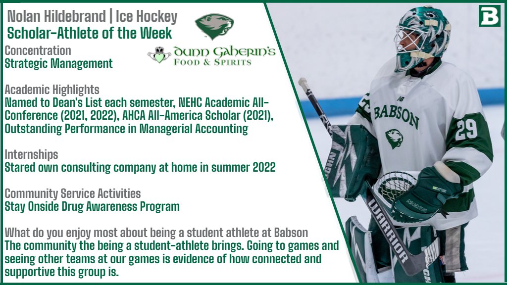 .<a href="/BabsonHockey/">Babson Hockey</a>'s Hildebrand Named <a href="/DunnGaherins/">Dunn Gaherins</a> Scholar-Athlete of the Week: bit.ly/3WRgQlY #GoBabo