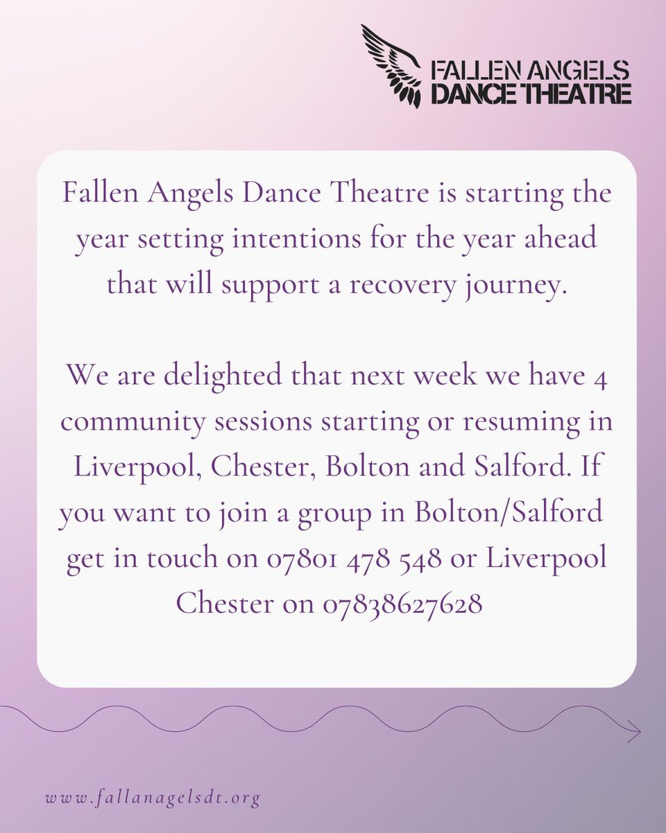 FallenAngelsDT's tweet photo. New Year and a New You  - explore what that means in Recovery by joining one of our movement and dance groups 
#newyearnewyou #manchesterdance #liverpooldance #chesterdance #recovery 
#thereismoretodancethandance
@ace_thenorth @TNLComFund @phhfoundation @GreaterSport https://t.co/liMfqYFRKg