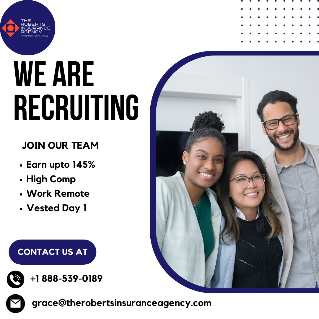 robertsagency1's tweet photo. Need a career change? We are looking to lead some new agents on a path to career fulfillment. We would love to hear from you. Call us(+1 888-539-0189) or Email at grace@therobertsinsuranceagency.com

#jobopportunity #opportunity #contactus #job #work #jobs #jobsearch #business https://t.co/anLNEG724B