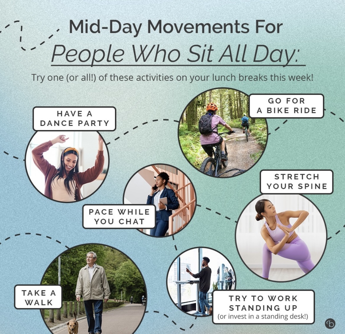 Research suggests that walking just 5 minutes per hour can increase your mood, improve your concentration and productivity and even dull your hunger. 
#moveyourbody #brainhealthtips #physicalhealthmatters