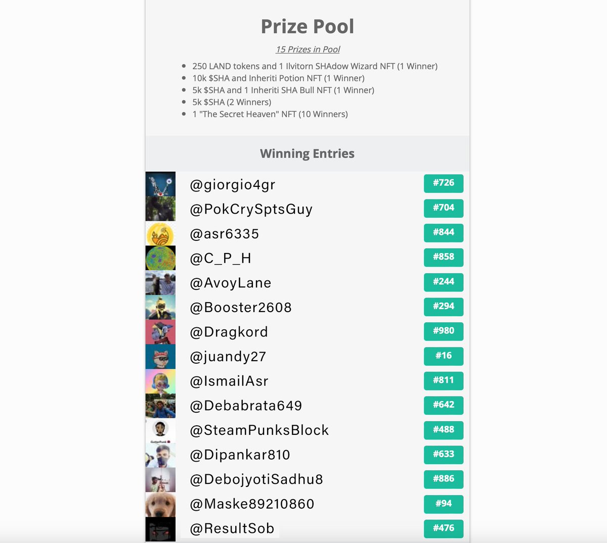 We got the winners from #SHA & @Landshareio Gleam Event!
@giorgio4gr 
@PokCrySptsGuy 
@asr6335 
@C_P_H 
@AvoyLane 
@Booster2608 
@Dragkord 
@Juandy27 
@IsmailAsr 
@Debabrata649 
@SteamPunksBlock 
@Dipankar810 
@DebojyotiSadhu8 
@Maske89210860 
@ResultSob 
Congratulations to all🥳