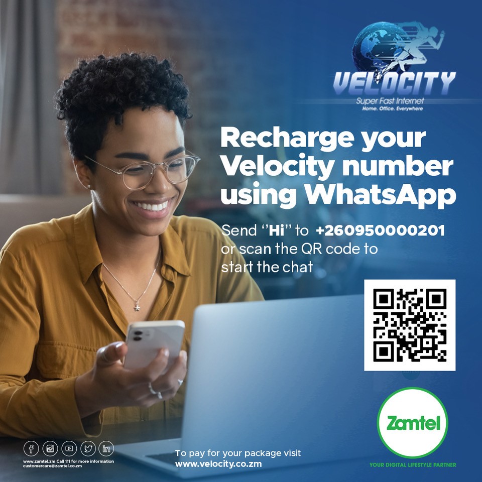 OfficialZamtel's tweet image. Pay for your favorite Velocity package using WhatsApp! Simply send "Hi" to +260950000201 or scan the QR code to start the chat.