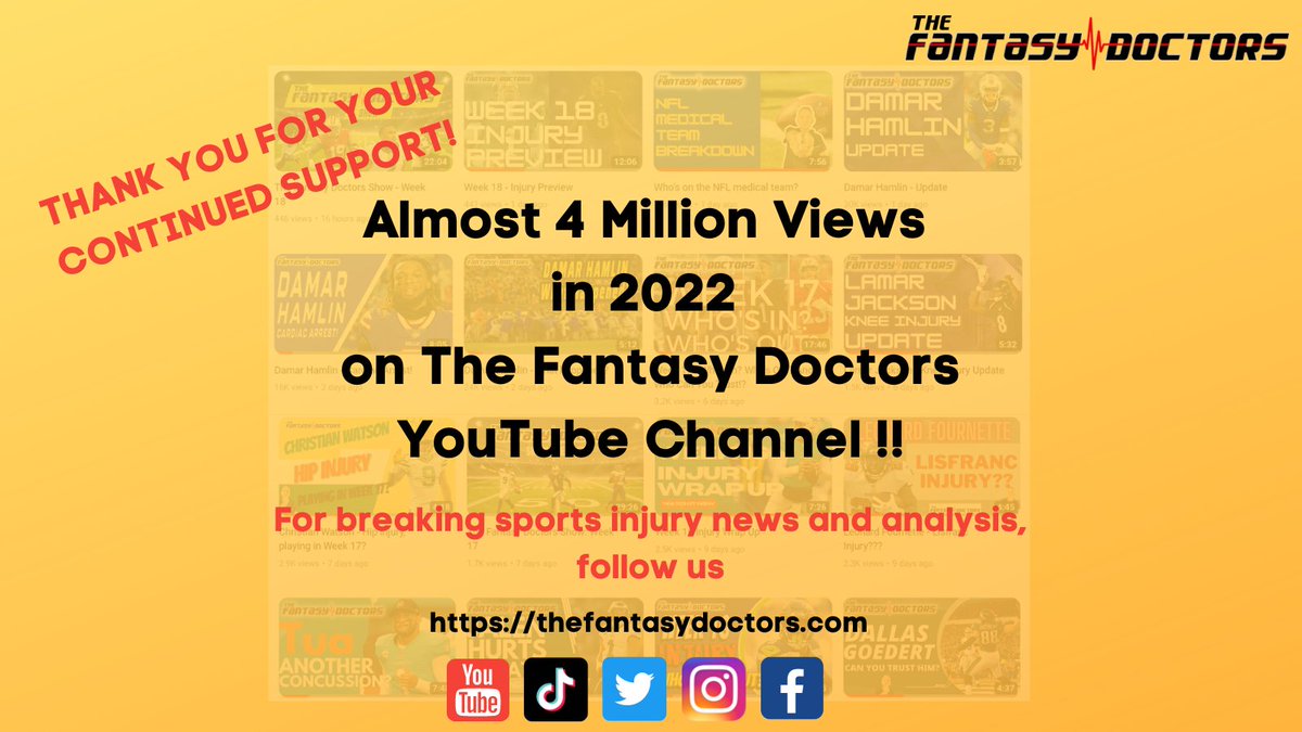 TheFantasyDRS's tweet photo. The Fantasy Doctors YouTube Channel had a whopping 4 million views in 2022! Thanks to all our followers, viewers and subscribers for your support and making it a great year for us! Stay tuned for more!
#tfd #fandocs #nflfootball #fantasyfootball #nfl #football #nflnews #sports https://t.co/slUEmHYH24