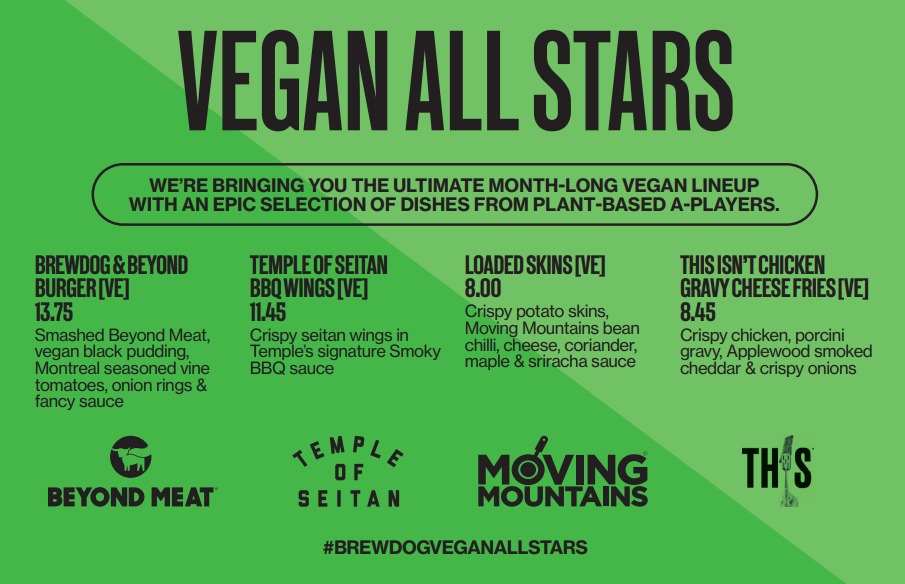 This January will be the return of our Vegan All-Stars menu. It will be running from the 1st until the 31st. 

This year we have 4 specials 

Brewdog and Beyond burger

Temple of Seitan BBQ Wings 

Loaded Potato Skins 

This isn't Chicken Gravy Cheese Fries