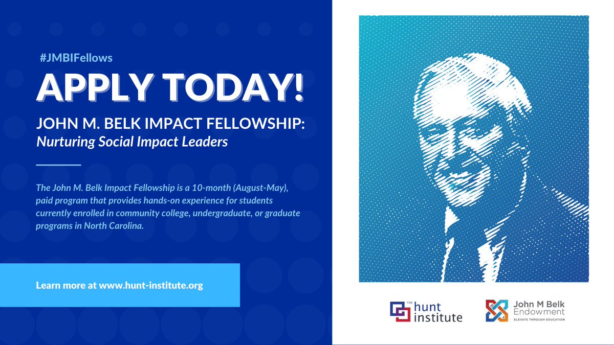 Excited to announce that applications for the 2023-24 Cohort of the John M. Belk Impact Fellowship are now open. Incredibly proud to partner with the @BelkEndowment in the implementation of this program. Learn more & apply here: ow.ly/5nsG50MhqcX @Hunt_Institute