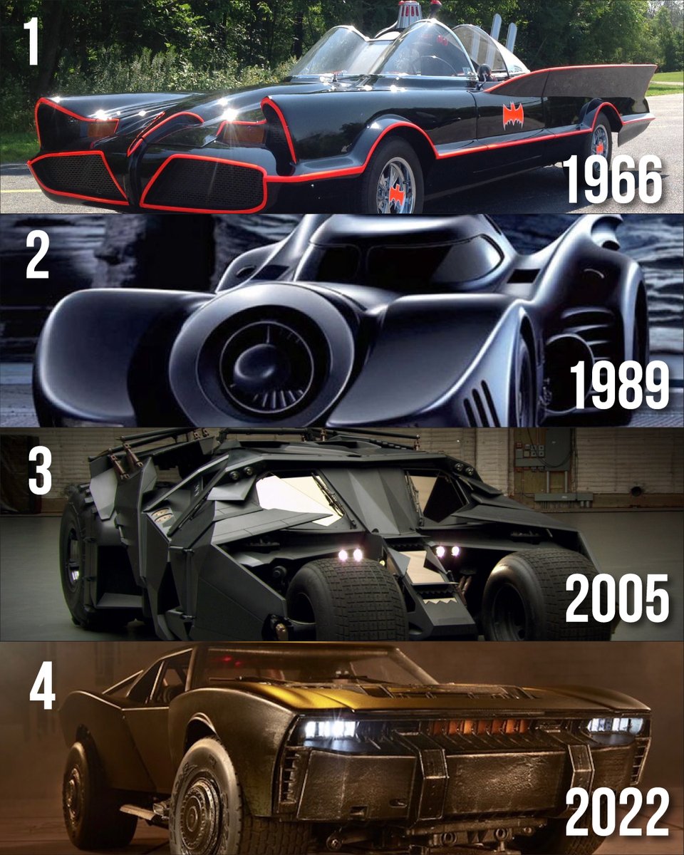 volomuseum's tweet photo. Please help us settle a very heated debate...It's crazy that each one of these designs is separated by almost two decades... #volomuseum #volofun #batman #batmobile #tumbler #batmobiles #66batmobile #89batmobile #2022batmobile https://t.co/ANESs1K0YB