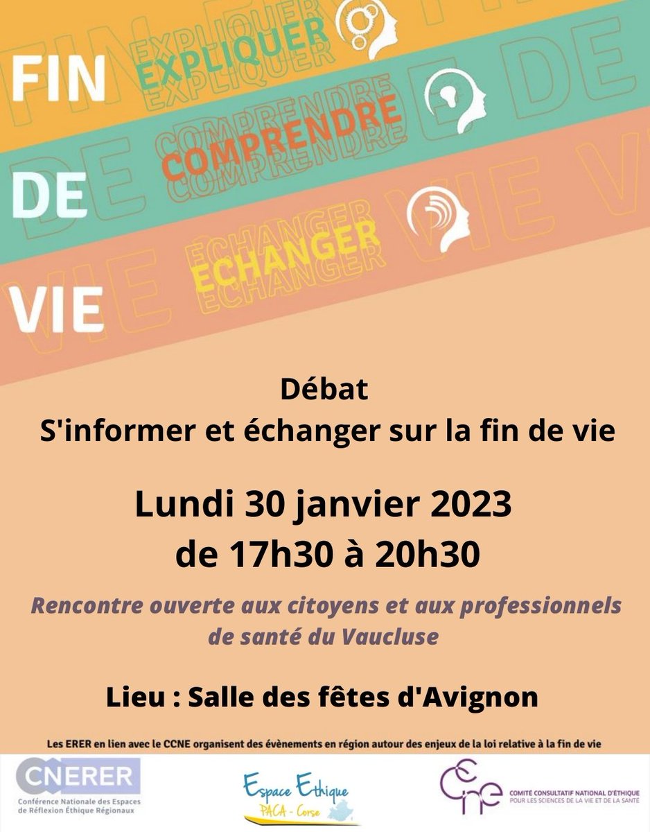 SMaisonnave's tweet photo. Agenda -  le 30 janvier, débat sur la fin de vie à la salle des fêtes de la mairie d'Avignon en présence de nombreuses personnalités politiques et des instances médicales. Ouvert à tous (monde médical et grand public). Entrée libre https://t.co/7GFeqp1iUI