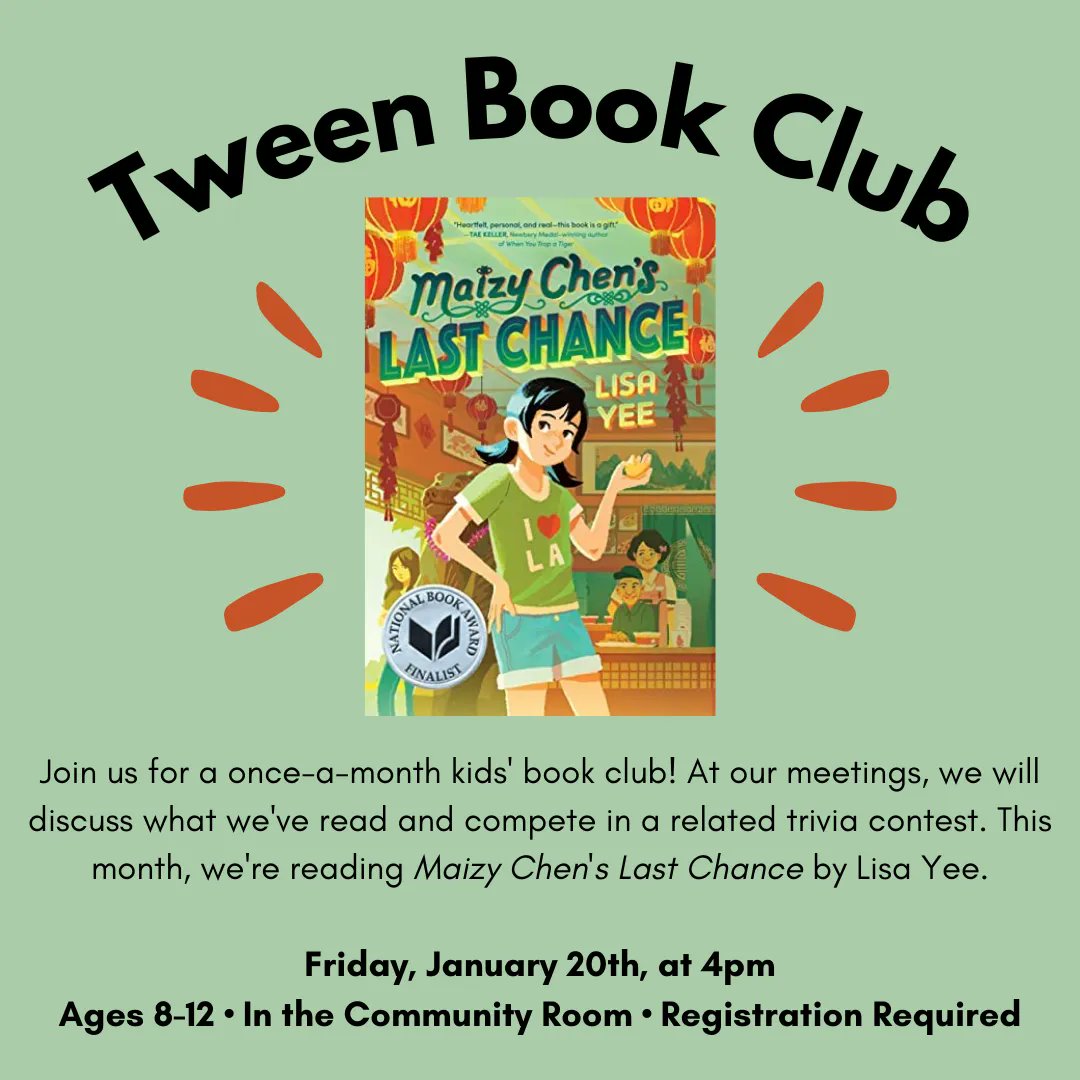 DobbsFerryLib's tweet photo. Join the Tween Book Club! We will be reading "Maizy Chen's Last Chance" by Lisa Yee. Meet to discuss it/do a trivia battle on Friday January 20 at 4pm. For ages 8-12.

To register/get a copy of the book, email dobchildref@wlsmail.org.

#bookclub #bookgroup #books #lisayee https://t.co/zTl4JTeblC