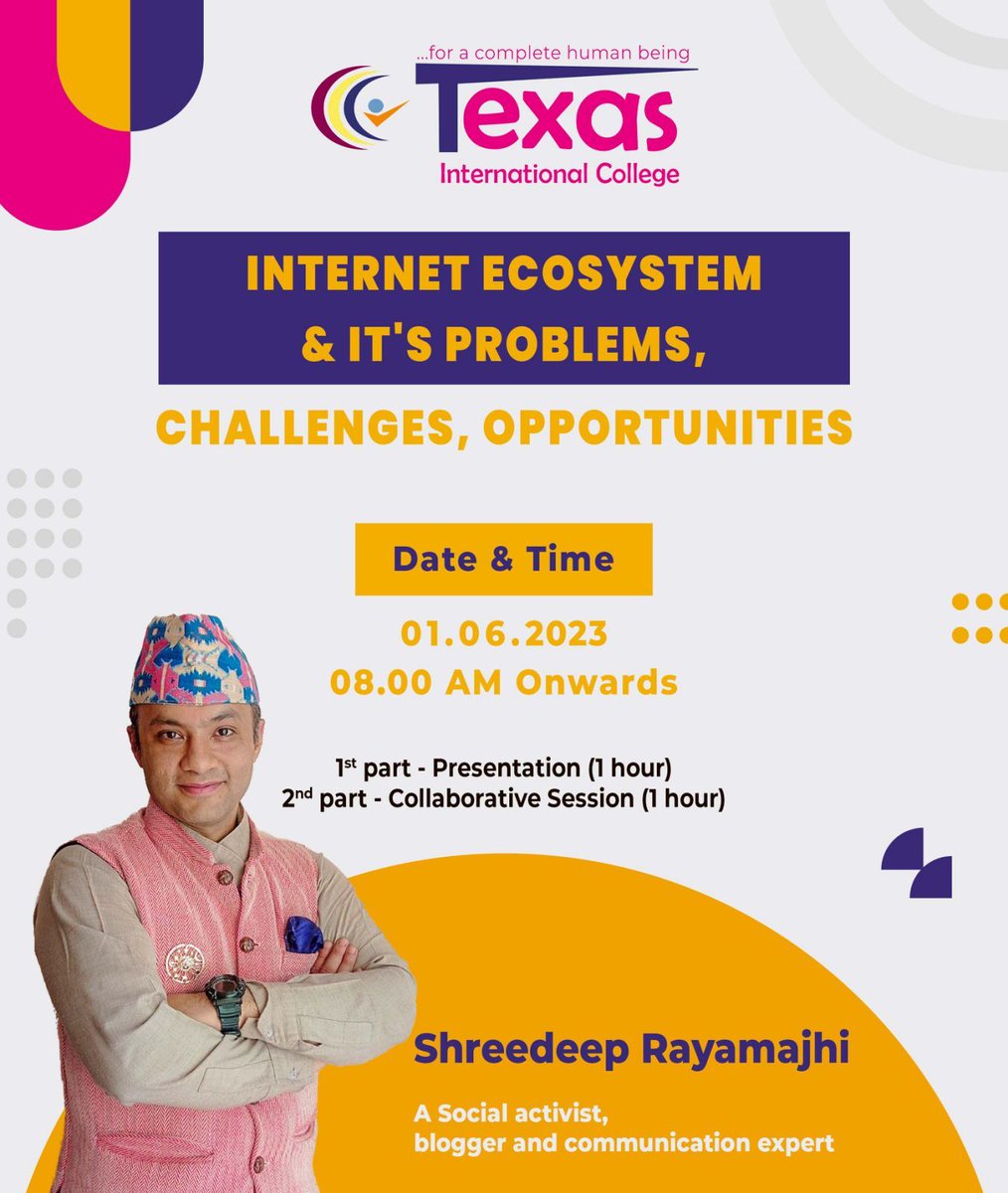 ShreedeepRay's tweet photo. Speaking abt #InternetEcosystem challenges, problems, opportunities
Texas International Colleges Bachelor's in ICT Students
2023 starts with #awareness and #capacitybuilding @ICANN @internetsociety @apnic @intgovforum
#Youth empowered is #leadership of today#youthlead https://t.co/Nny6vCFXad