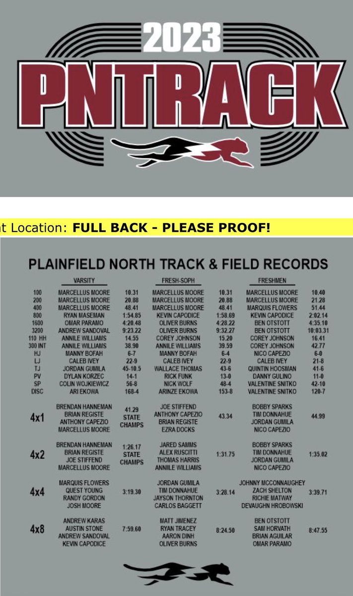 pntrack's tweet image. Yearly PNTRACK tradition:

Everyone gets two t-shirts, one with outdoor school records on the back, the other with indoor records. And, not just varsity records. FS and freshman records too.

Our t-shirts are present at every meet. 

Did you break a record? 

Check the t-shirt!