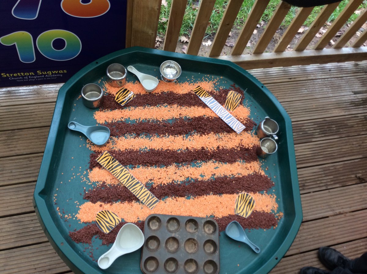 The #preschool have been working on their topic: The Tiger That Came To Tea. With their Tiger faces and their ’Tiger tray’. By M.M and H.G