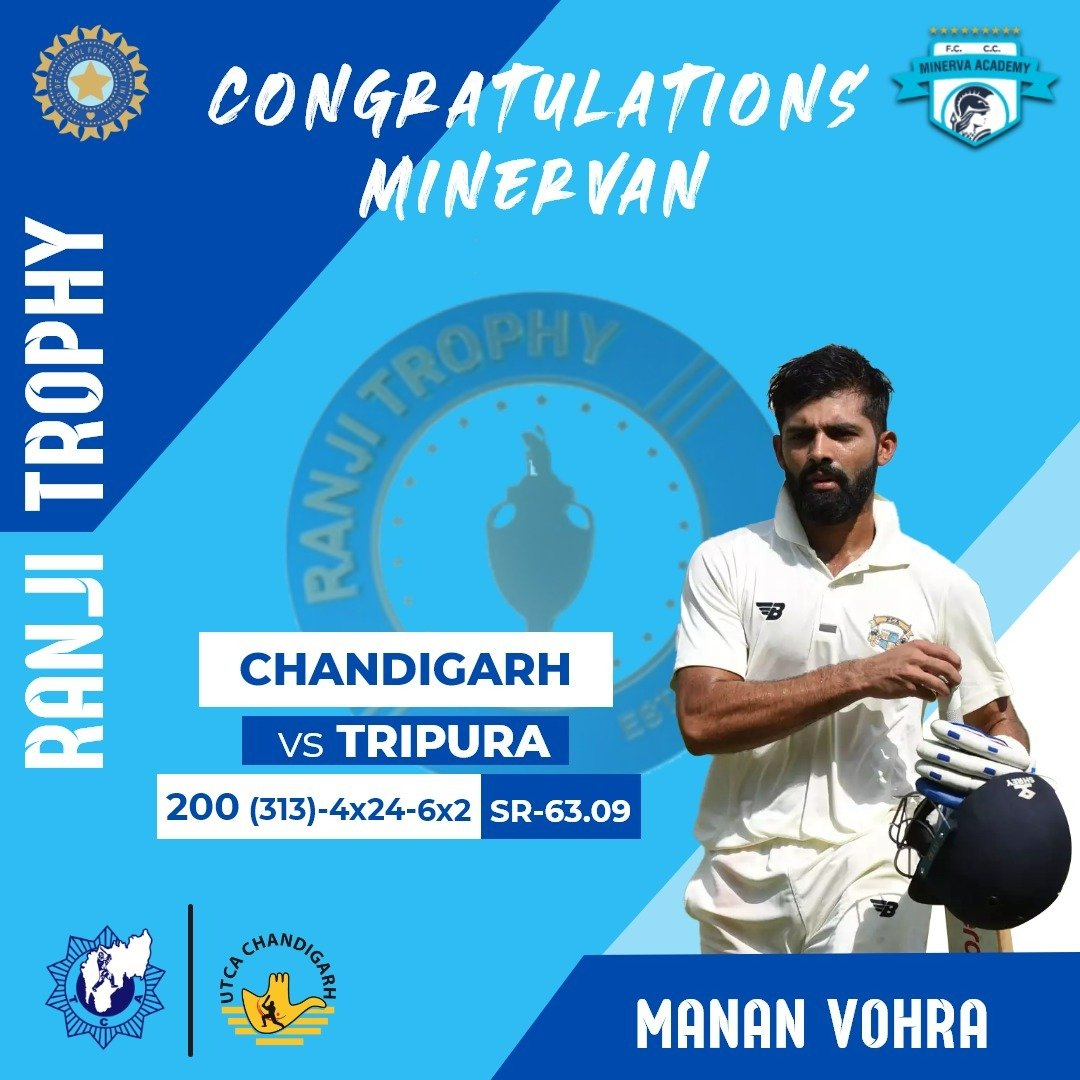minervapunjabfc's tweet photo. Congratulations to our #Minervan Manan Vohra for his double ton against Tripura in their fourth match of the ongoing Ranji Trophy 2022-23.

#BCCI #IndianCricket #Warriors #TheFactory #UCA #RanjiTrophy https://t.co/hylcazFzdc