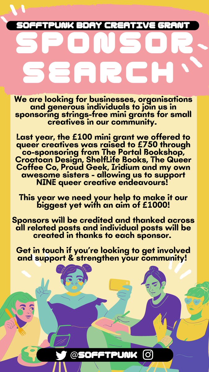 sofftpunk's tweet photo. the sponsor search is well underway for our annual Sofftpunk Birthday Creative Grants! we're already over 50% of the way to our goal, but we really need a few more amazing sponsors to help pull this off ❤️ pls get in touch if you, your business or org would like to get involved! https://t.co/vtRBRvg28o