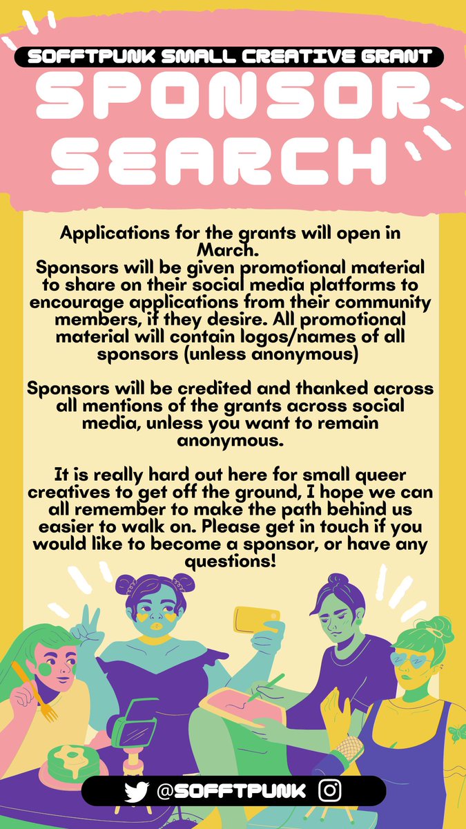 sofftpunk's tweet photo. the sponsor search is well underway for our annual Sofftpunk Birthday Creative Grants! we're already over 50% of the way to our goal, but we really need a few more amazing sponsors to help pull this off ❤️ pls get in touch if you, your business or org would like to get involved! https://t.co/vtRBRvg28o