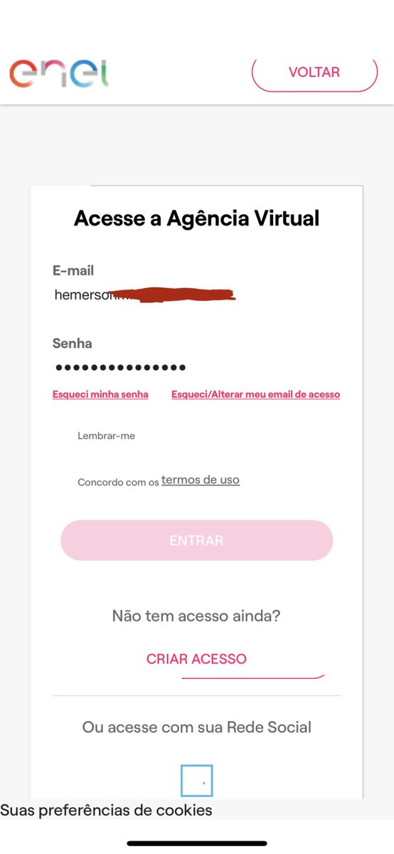 hemersonmf's tweet photo. @feltrinoficial @EnelClientesBR @EnelBrasil Essa é a primeira parte do desafio. Depois é conseguir entrar no aplicativo. O botão de entrar não ativa mesmo depois de digitar os dados. https://t.co/wQ2J81xKFX