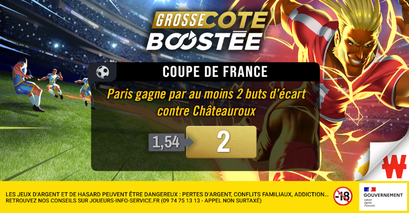 WinamaxSport's tweet photo. La magie de la Coupe de France ? 🧙‍♂️

Paris gagne par au moins deux buts d'écart contre Châteauroux, c'est #LaGrosseCoteBoostée du soir : 1,54 → 2 ! 🚀