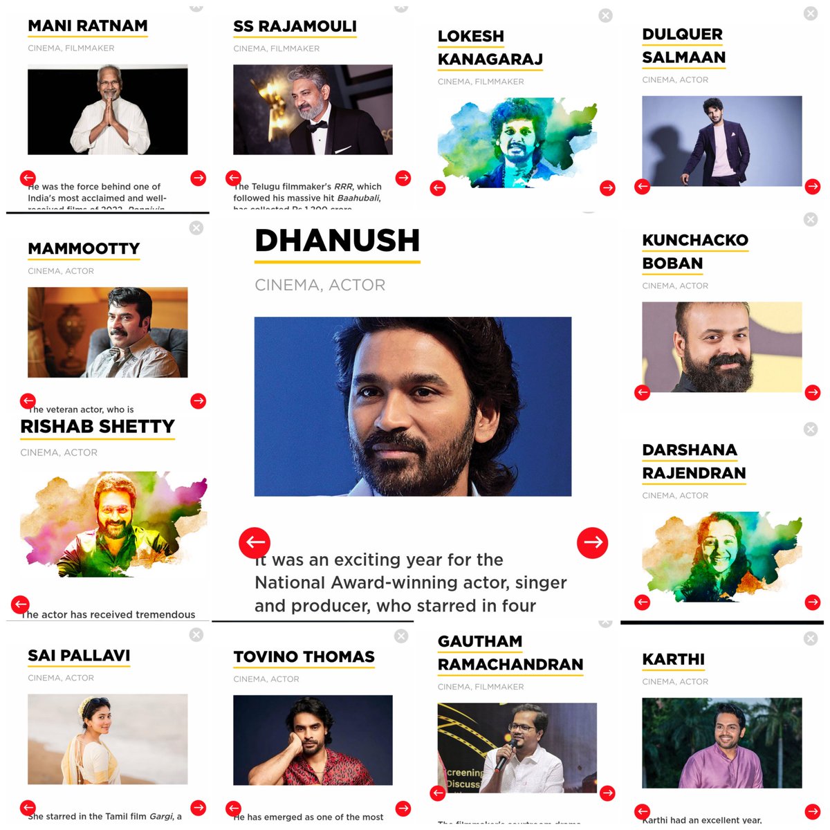 #Forbes magazine has honored the top movie stars and sports person's in 2022-23. Some notable cinima celebraties 

#Mammootty 💫
#Dhanush ✨
#Maniratnam 
#SSRajamouli 
#LokeshKanakaraj 
#RishabShetty 
#DulquerSalmaan 
#Karthi
#Kunchakoboban 
#Darsanarajendren 💥
#Saaipallavi 🦋