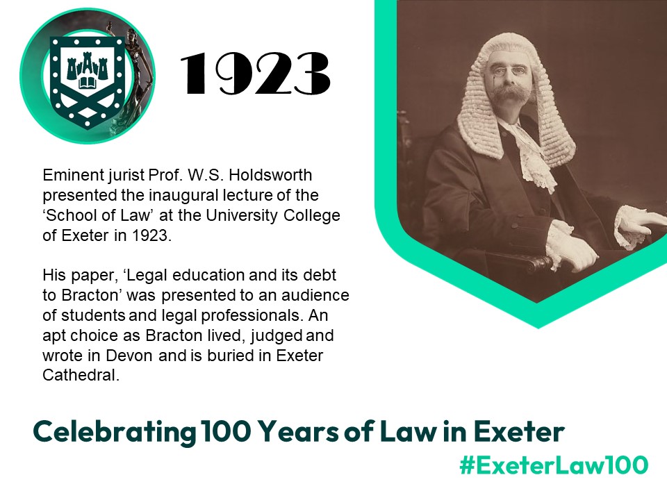 ExeterLawSchool's tweet photo. 2023 marks the centenary of Exeter Law School. Through the year we will look back on our history and celebrate our evolution as a contemporary law school.
It all started in 1923, which saw Professor W.S. Holdsworth present the inaugural lecture to the School of Law.
#ExeterLaw100 https://t.co/xMsHNYukop