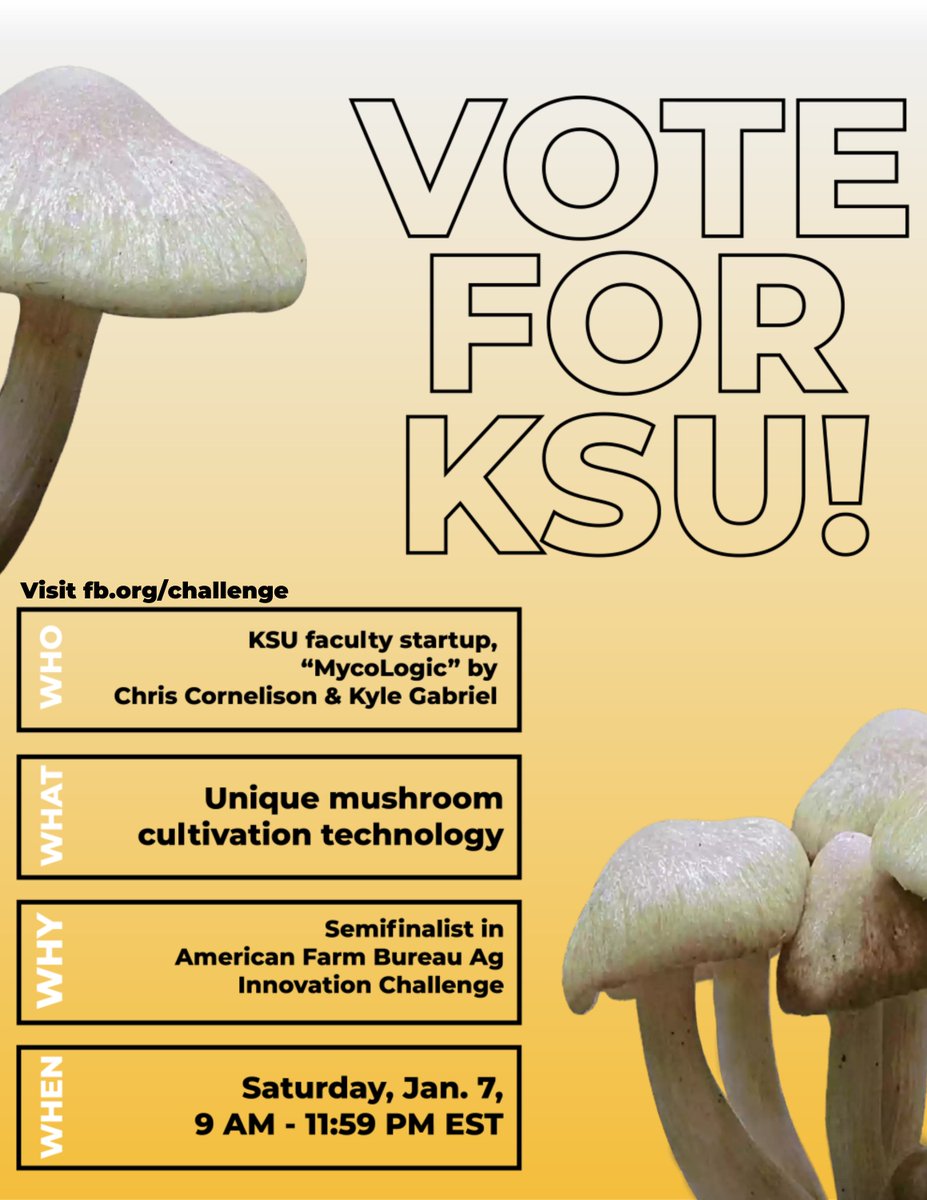 JaMonkey's tweet photo. Congrats to @Myco_Logic for being selected as a semifinalist in the American Farm Bureau Ag Innovation Challenge. Their specialty mushroom cultivation research at KSU was inspirational.
Vote for them on Sat, Jan 7 between 9 am to 11:59 pm EST.
https://t.co/uUb7A0gsrz https://t.co/WLQ4WsSU1e