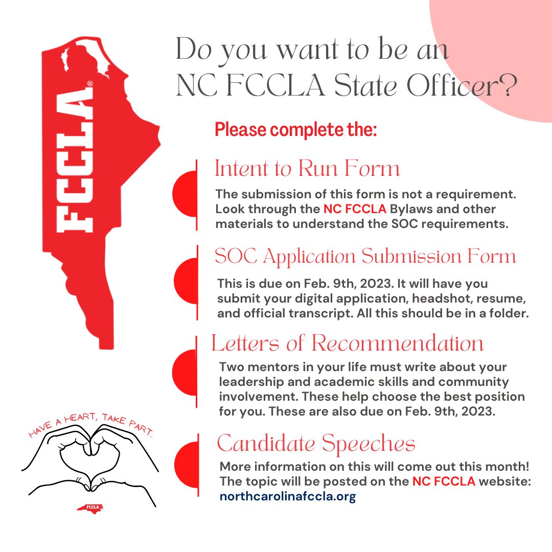 NCFCCLA's tweet photo. Happy #FCCLAFriday, #NCFCCLA! We are looking forward to our 2023 State Leadership Conference and meeting the youth leaders who want to be #FCCLA state officers. Application materials are posted on our website at https://t.co/D04hXUWaBl and the speech topic will be released soon! https://t.co/t78cWdUZqm