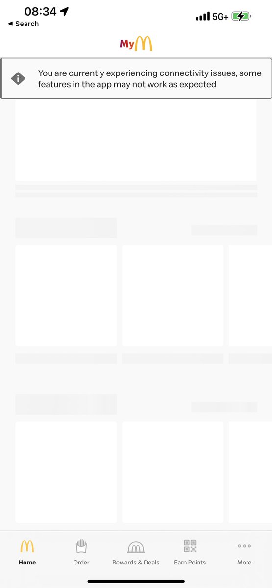 ikeif's tweet image. “You are currently experiencing network issues.”
This wording is what I’d called a #HostileMessaging and #BadUx @McDonalds - I’m not having network issues. Everything else works fine.

Except your app.