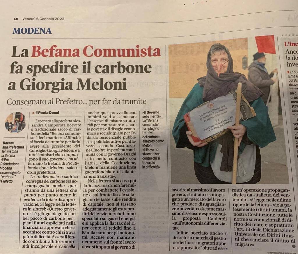 LugliSte's tweet photo. La Befana Comunista di Rifondazione Modena ha consegnato il carbone al Prefetto di #Modena a cui è stata lasciata una lettera per la Presidente del Consiglio Giorgia Meloni con le ragioni delle nostre critiche #6gennaio #befana #carbone #governoMeloni https://t.co/DC8BCknq2d