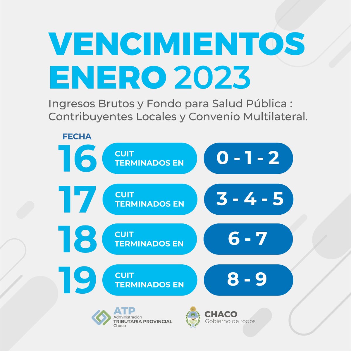 ChacoAtp's tweet photo. 📅 VENCIMIENTOS DEL MES DE ENERO

Conocé los medios de pago habilitados desde nuestra página web: https://t.co/hkyWgFp0gE 🤳 https://t.co/j2wN4FLa2p