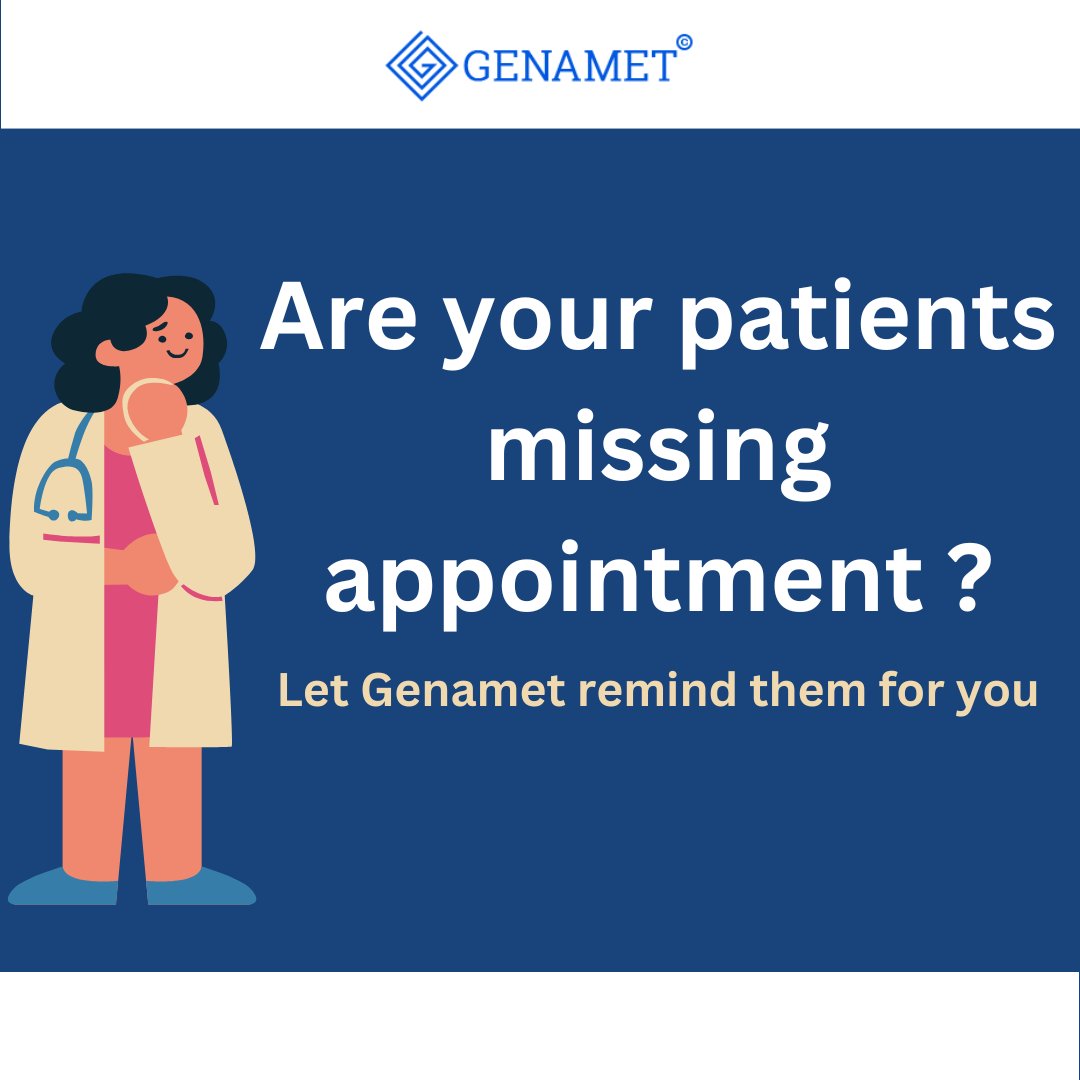 genametIn's tweet image. #Genamet’s Clinic Management software gives your patients a quick and easy way to stay on top of appointment with SMS and email notifications.

Learn more: genamet.com

#missingappointments #ClinicManagement #HospitalManagement #digitalclinic #ehr #practicemanagement