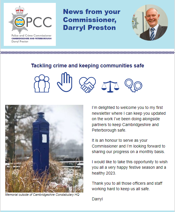 PCCCambs's tweet photo. I am excited to have launched my new monthly newsletter which will keep you all updated on how I have been progressing my Police and Crime Plan. Don't miss out and subscribe today 🔗https://t.co/klXbI4m3eu #newsletter #cambridgeshire #subscribe https://t.co/ly2CFXSJW9