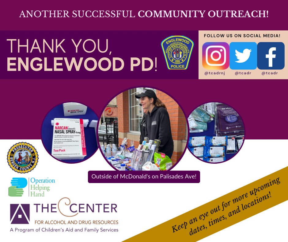 TCADR's tweet photo. Thank you Englewood PD. Through community outreach tables like this, we can continue to help connect people to treatment as well as provide the community with Narcan, fentanyl testing strips, our 24/7 hotline, snacks and more! https://t.co/RKFEv73EdJ