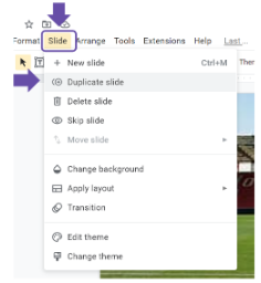 TheTinyEdTech's tweet photo. Third Stop: Duplicating Slides, using the “Slide” Menu. Click on the Slide Menu heading and select “Duplicate slide.”
#EdTech #EdTechTidbit https://t.co/tmDrtfo1vs