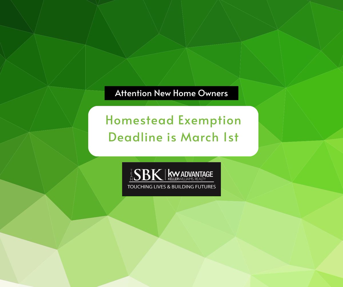 TeamSBKkw's tweet photo. ❗️📅 ❗️ The DEADLINE for 2023 Homestead Exemption is, March 1, 2023. This is a deadline you do not want to miss! If you purchased your Primary Home in 2023, you need to file ASAP.
💚 Please reach out to Team SBK if you have questions. (407) 221-4945.
#homesteadexemption https://t.co/Yd8yXV3YvE