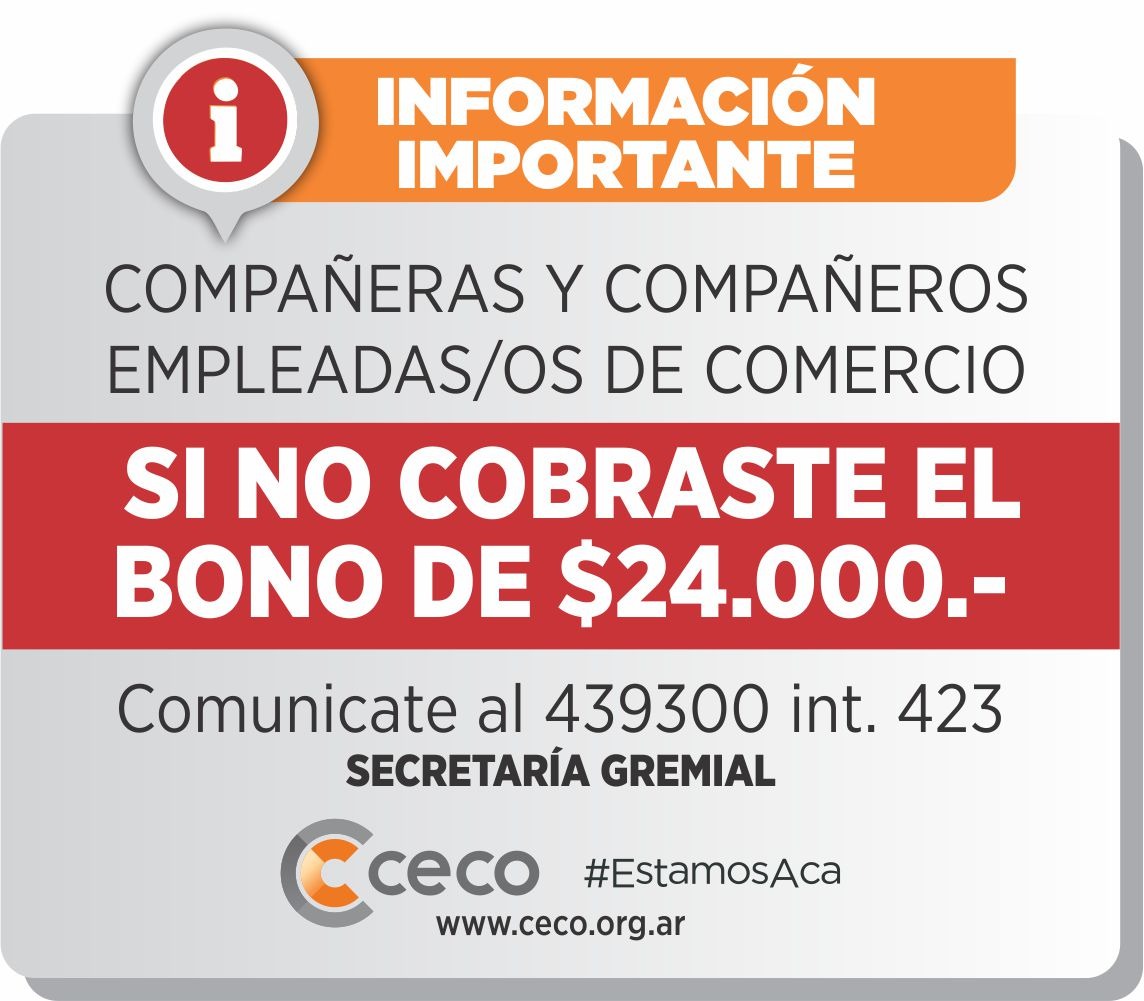 ceco_olav's tweet photo. [INFORMACIÓN IMPORTANTE] BONO OBLIGATORIO

Recordamos que el Gobierno decretó el pago, por única vez, de una asignación no remunerativa de hasta $24.000, para los trabajadores y trabajadoras del sector privado, que debió ser pagado con el salario del mes de diciembre. https://t.co/n76zYPBkb3