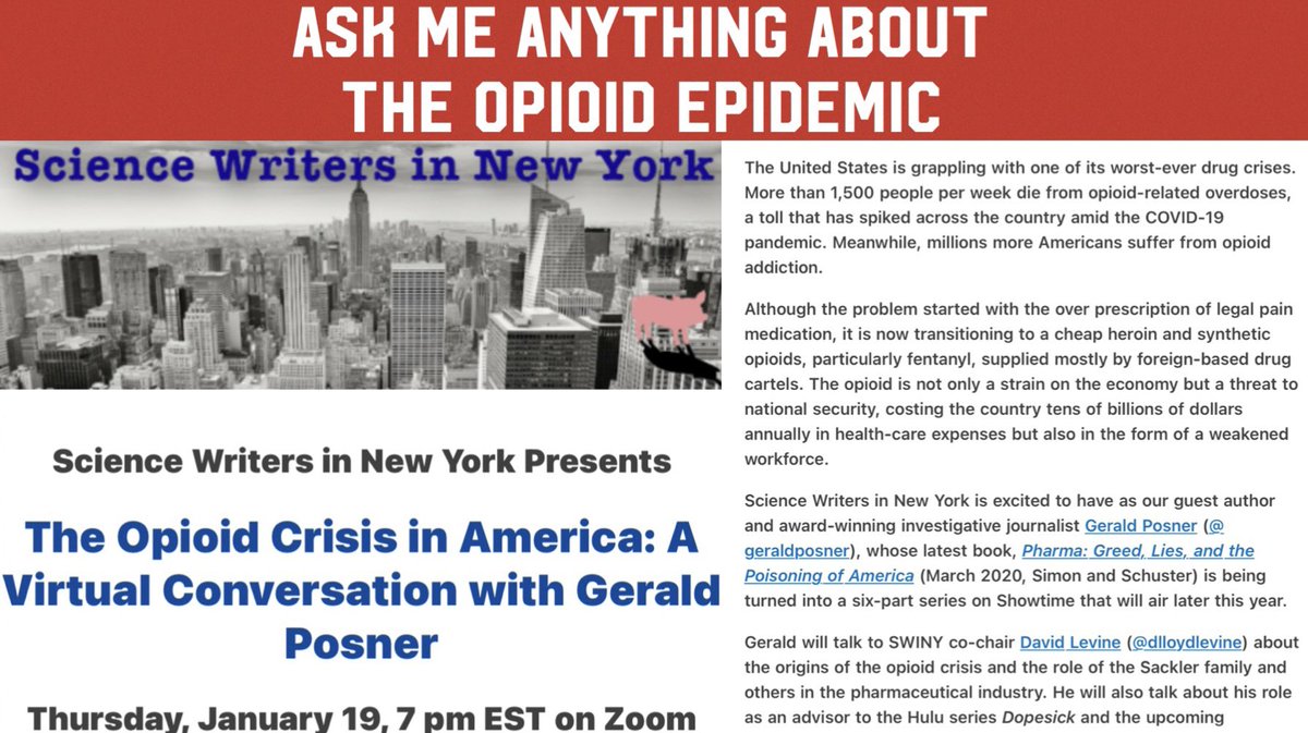 Gerald Posner (@geraldposner) on Twitter photo Have a question for me about the opioid epidemic? Anything from Oxy to Fentanyl? Your chance is my Jan 19 conversation, “The Opioid Crisis in America,” w/ <a href="/SWINY/">Science Writers in New York aka SWINY 🐷</a> + host <a href="/Dlloydlevine/">David Levine</a>. Register at us06web.zoom.us/webinar/regist…
Submit a question in advance at form.jotform.com/220893390676971 Have a question for me about the opioid epidemic? Anything from Oxy to Fentanyl? Your chance is my Jan 19 conversation, “The Opioid Crisis in America,” w/ <a href="/SWINY/">Science Writers in New York aka SWINY 🐷</a> + host <a href="/Dlloydlevine/">David Levine</a>. Register at us06web.zoom.us/webinar/regist…
Submit a question in advance at form.jotform.com/220893390676971