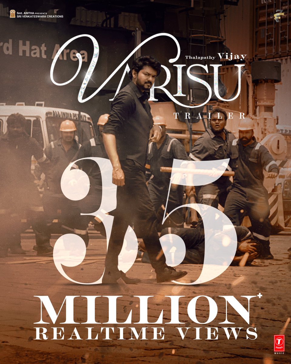 SVC_official's tweet photo. #VarisuTrailer crosses 35M+ real time views now 🔥

▶️ https://t.co/SXIatTvGF0

#Thalapathy @actorvijay sir @SVC_official @directorvamshi @MusicThaman @iamRashmika @7screenstudio #Varisu #VarisuPongal

#VarisuFromJan11 https://t.co/u7bWxZmje8