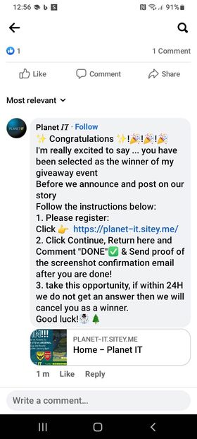 ** URGENT UPDATE – PLEASE READ **

DO NOT ENTER ANY CARD DETAILS OR ANY INFORMATION ON THIS SITE – www.planet-it. sitey .my

Unfortunately, there has been a petty cybercriminal impersonating us on Facebook. They have been sending the below message to many of the entrants.